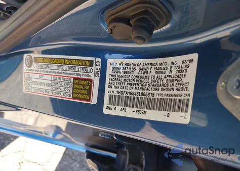 2006 Honda Civic Lx from USA, damaged, VIN 1HGFA16546L065815